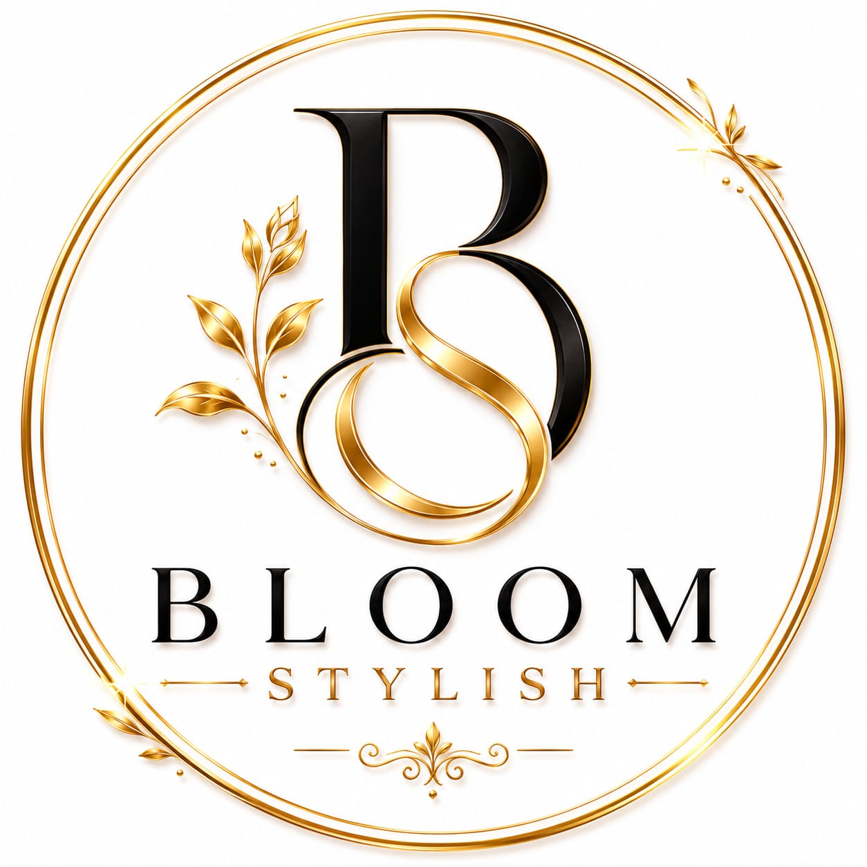 Bloom Stylish fashion brand logo with black and gold BS monogram and floral gold accents.”